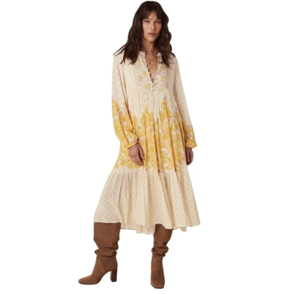 NWT Spell Yellow Rose Midi Dress Womens XL Floral Organic Cotton Long Sleeve NEW - Picture 2 of 14